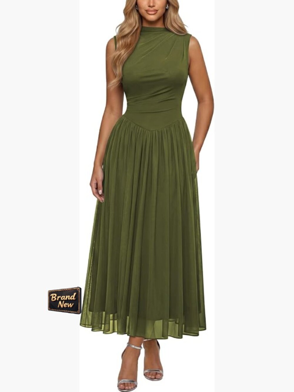 Sleeveless Mock Neck Ruched Waist Maxi Dress Elegant Flowy